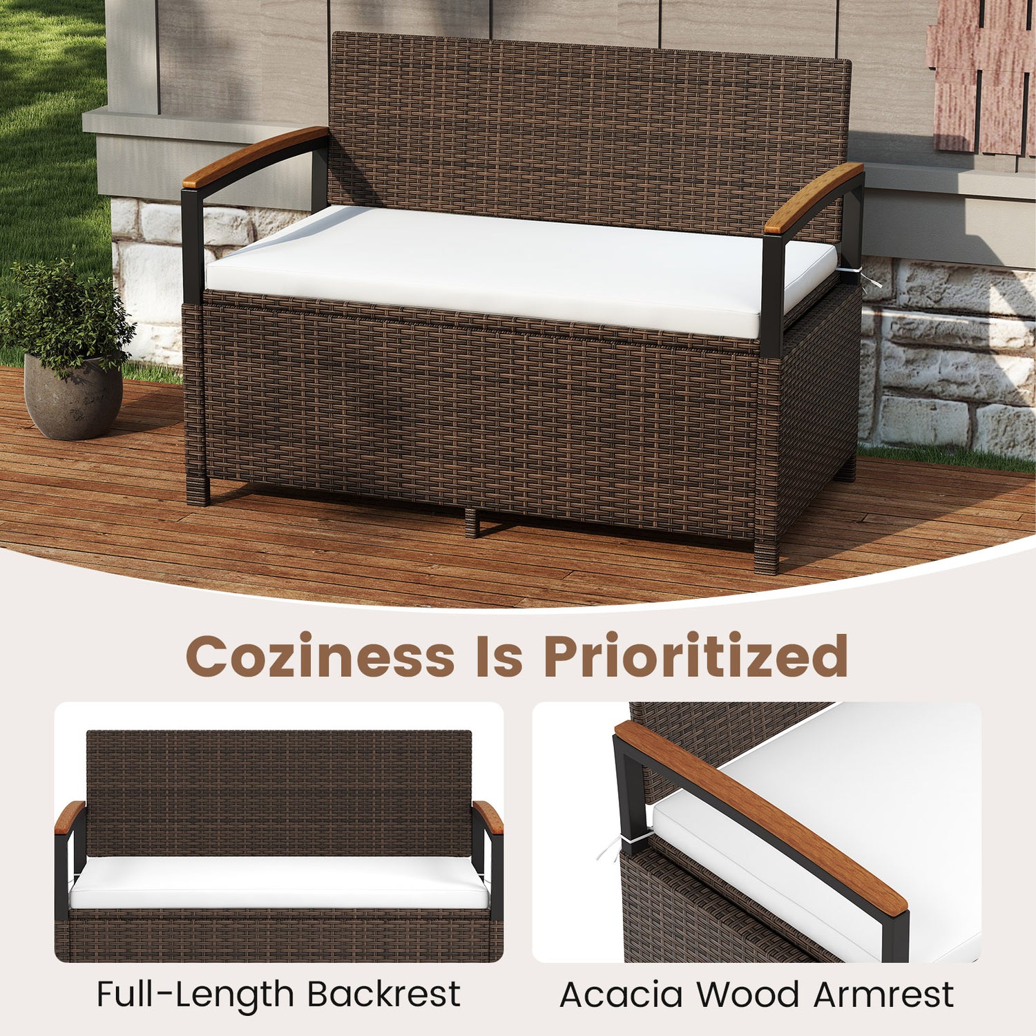 Outdoor Storage Bench Deck Box Patio Furniture with Cushion-White