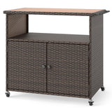 Outdoor Storage Cabinet with Acacia Wood Top and Lockable Wheels