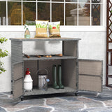Outdoor Storage Cabinet with Acacia Wood Top and Lockable Wheels