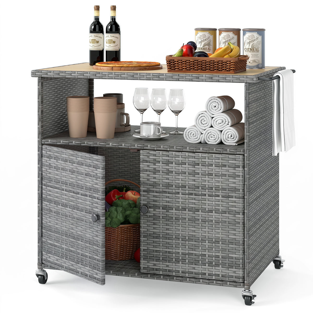 Outdoor Storage Cabinet with Acacia Wood Top and Lockable Wheels