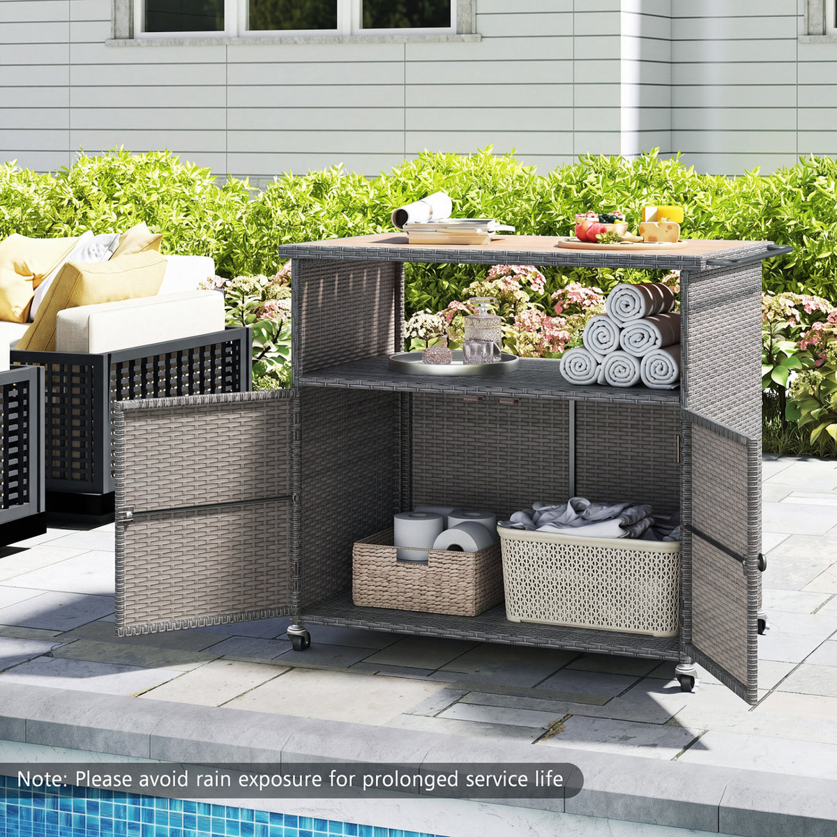 Outdoor Storage Cabinet with Acacia Wood Top and Lockable Wheels