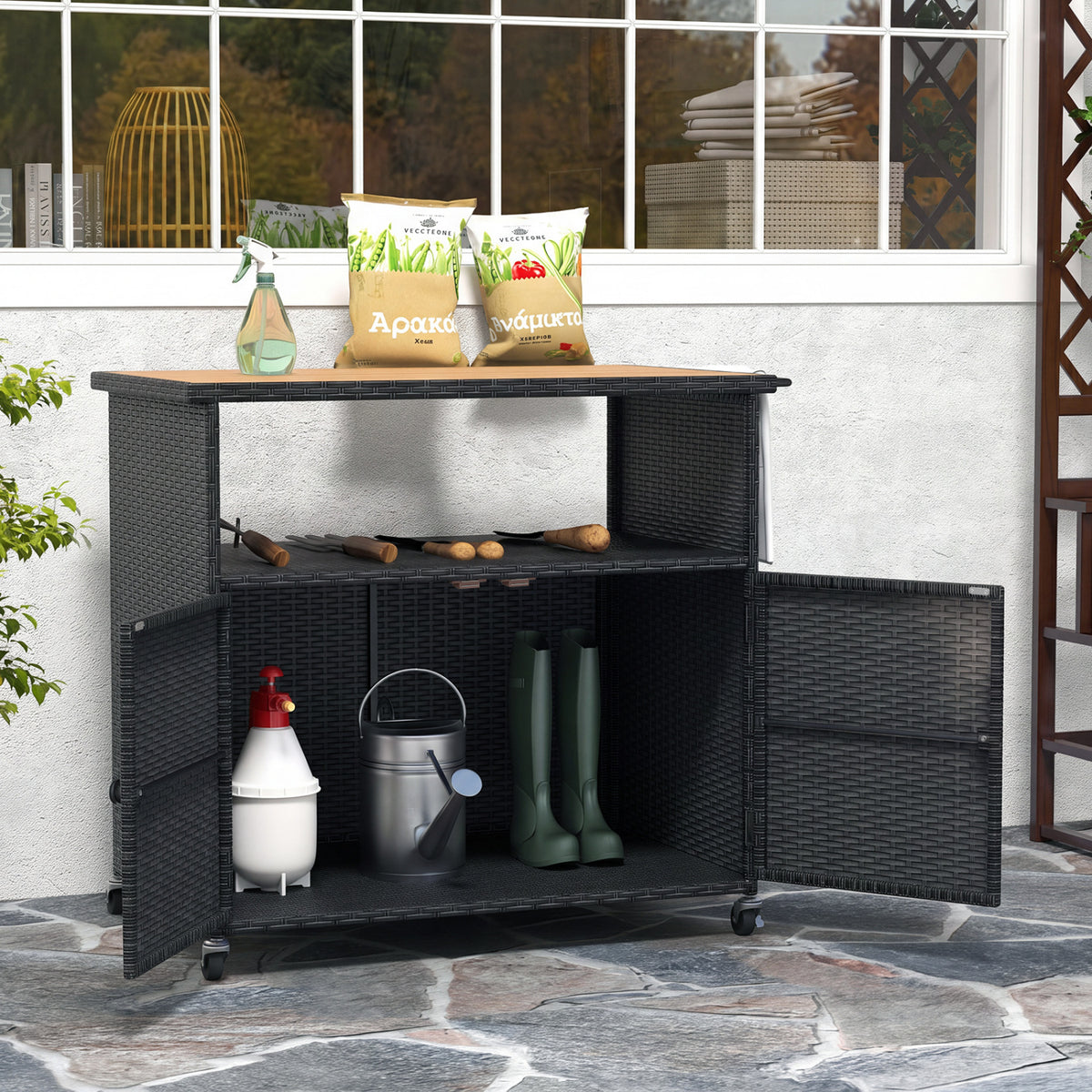 Outdoor Storage Cabinet with Acacia Wood Top and Lockable Wheels