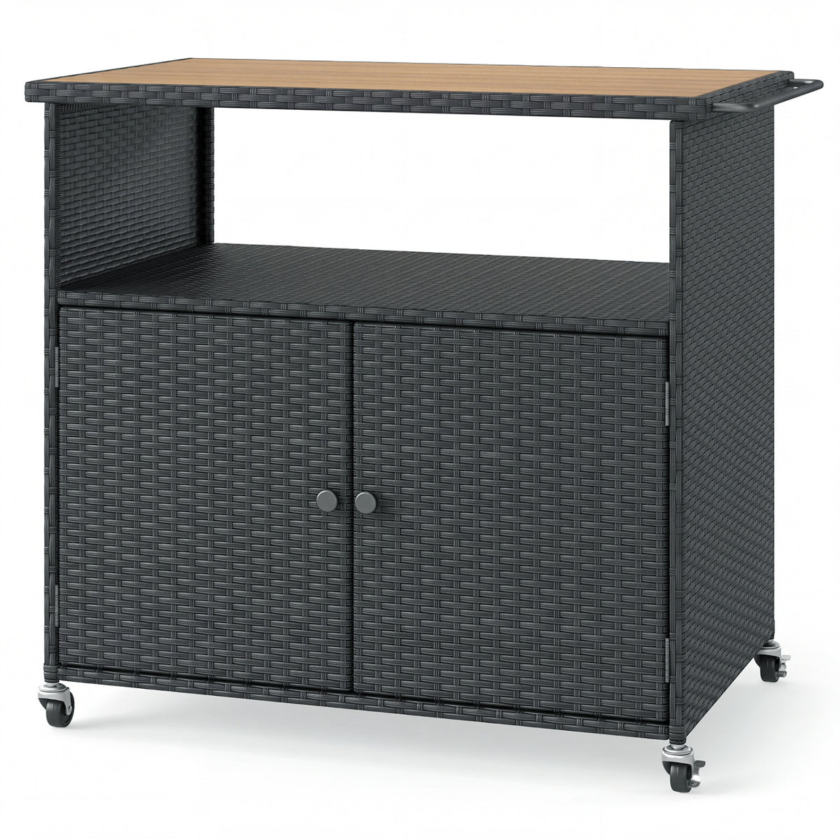 Outdoor Storage Cabinet with Acacia Wood Top and Lockable Wheels