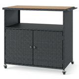Outdoor Storage Cabinet with Acacia Wood Top and Lockable Wheels