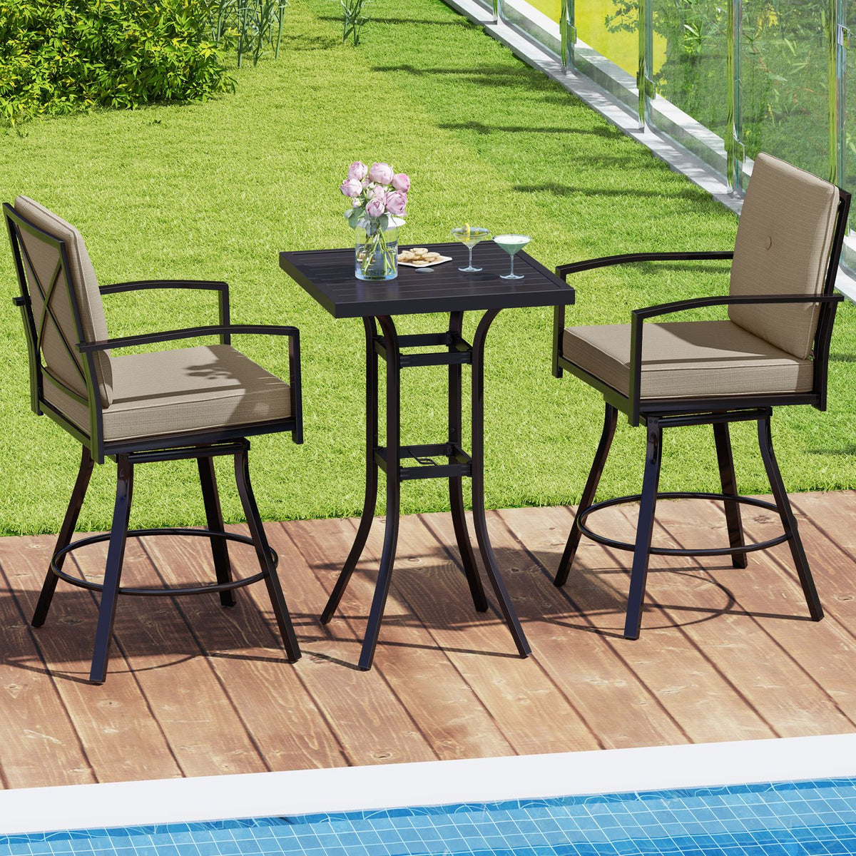 Outdoor Swivel Bar Stools Set of 2 Bar Height Patio Chairs with High Backrest