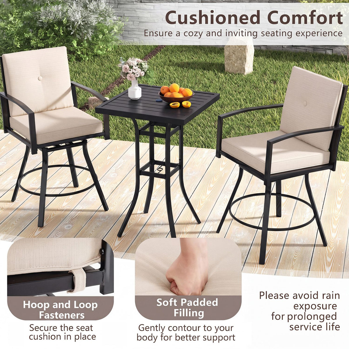 Outdoor Swivel Bar Stools Set of 2 Bar Height Patio Chairs with High Backrest