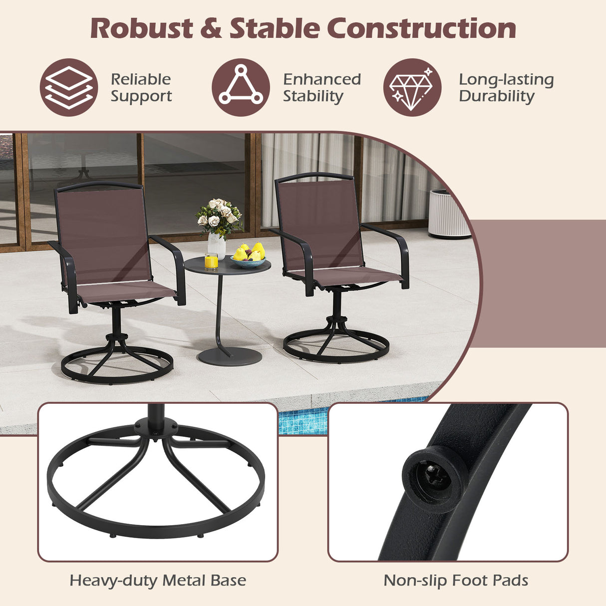 Outdoor Swivel Chairs Set of 2 with High Back and Breathable Seat