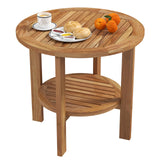 Outdoor Teak Wood Round Side Table Patio End Table with Slatted Storage Shelf