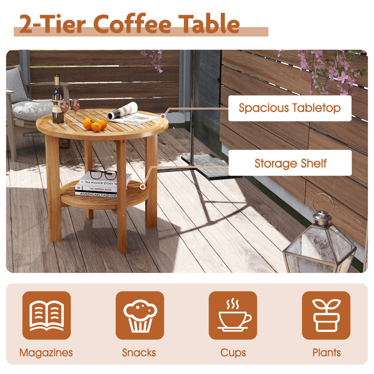 Outdoor Teak Wood Round Side Table Patio End Table with Slatted Storage Shelf