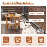 Outdoor Teak Wood Round Side Table Patio End Table with Slatted Storage Shelf
