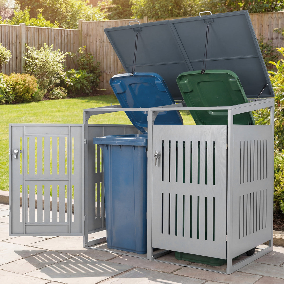 Outdoor Trash Can Storage Shed for 2 Bins with Gas Struts