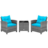 3 Pieces Outdoor Wicker Conversation Set with Tempered Glass Tabletop