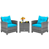 3 Pieces Outdoor Wicker Conversation Set with Tempered Glass Tabletop