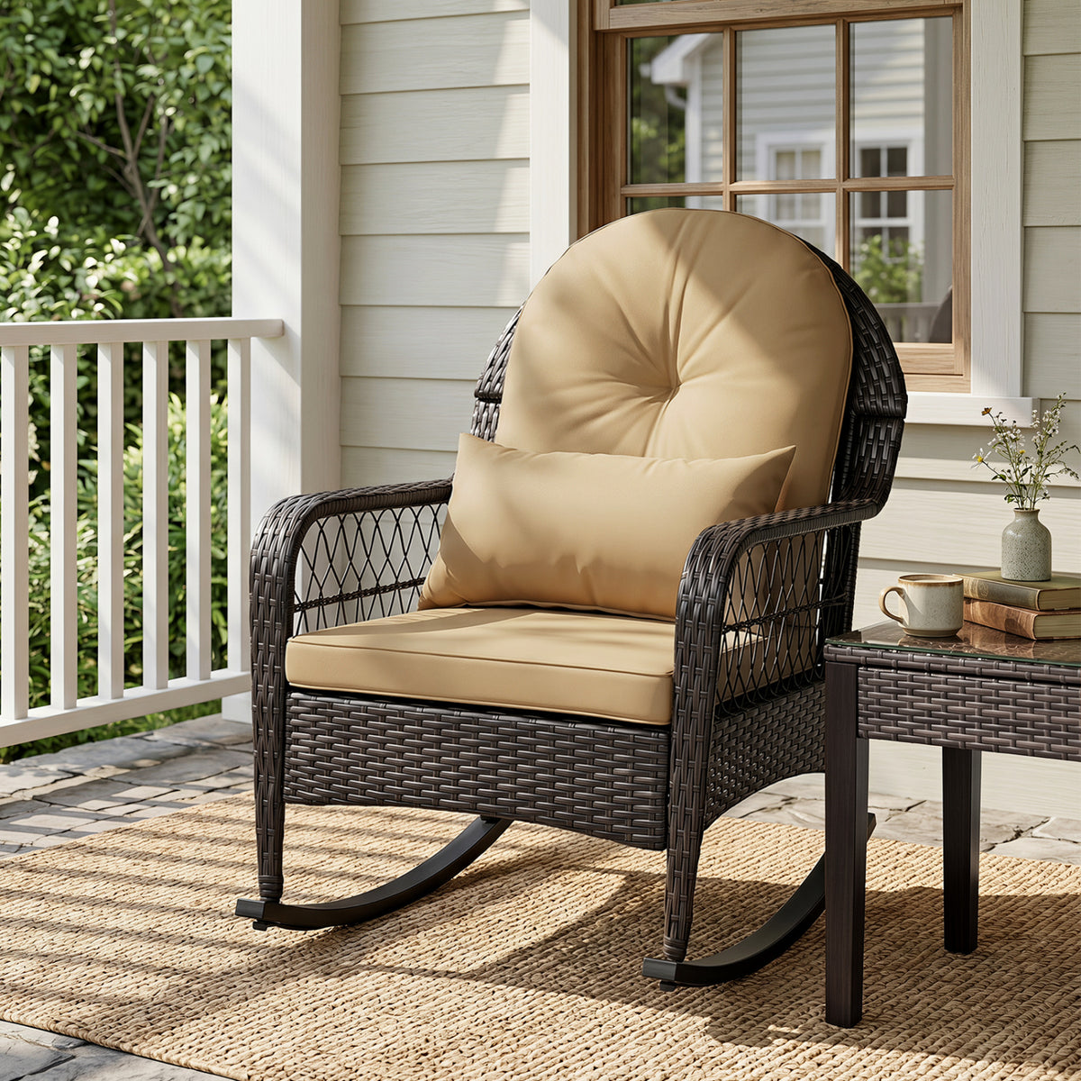 Outdoor Wicker Rocking Chair with Anti-Tip Stoppers 400 LBS for Porch Deck