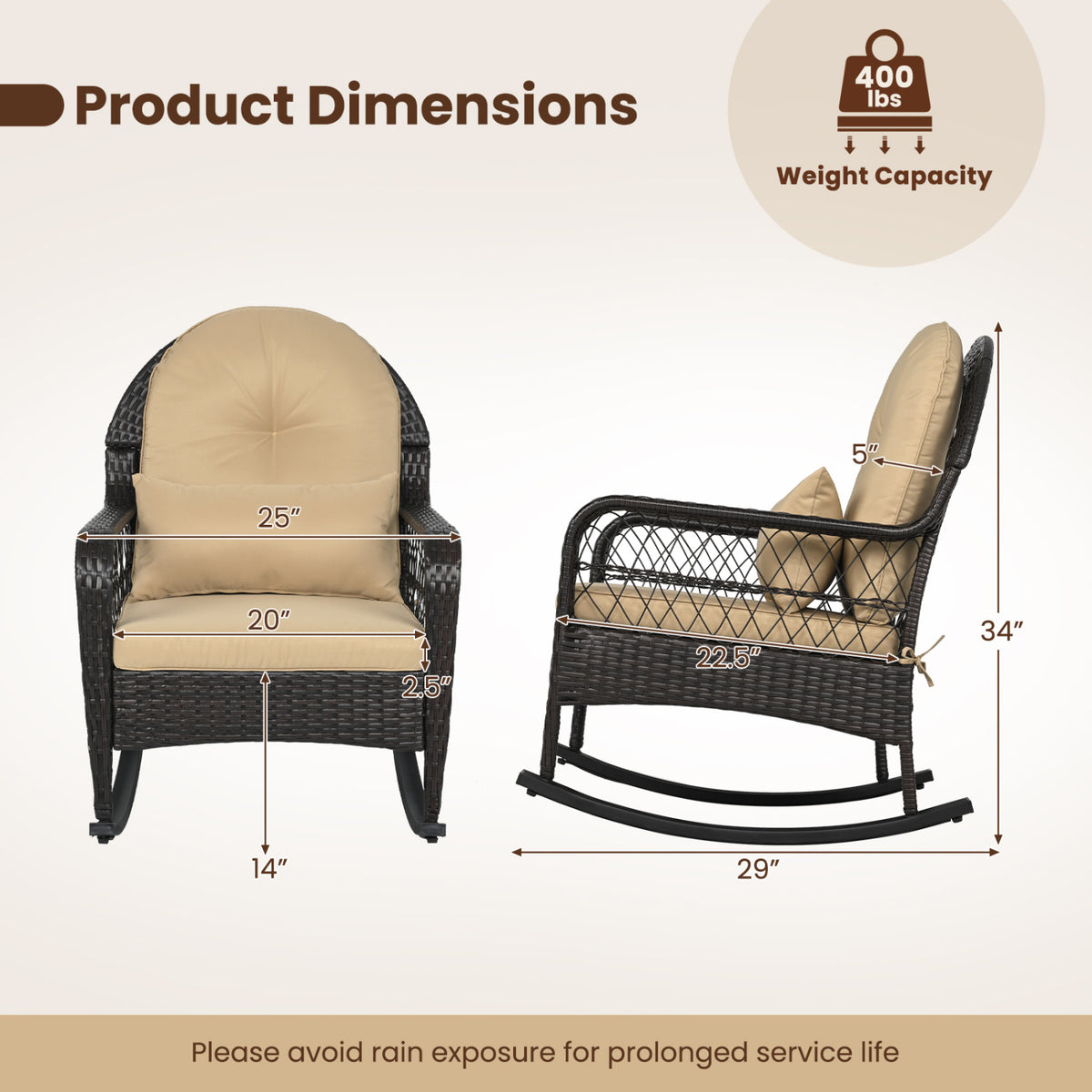 Outdoor Wicker Rocking Chair with Anti-Tip Stoppers 400 LBS for Porch Deck