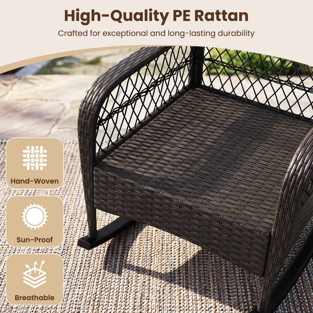 Outdoor Wicker Rocking Chair with Anti-Tip Stoppers 400 LBS for Porch Deck