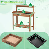Outdoor Wooden Garden Table Work Station with Storage Shelves and Drawer-Coffee