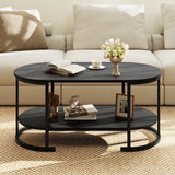 Oval Coffee Table 2-Tier Wooden Accent Table with Spacious Tabletop and Open Storage Shelf
