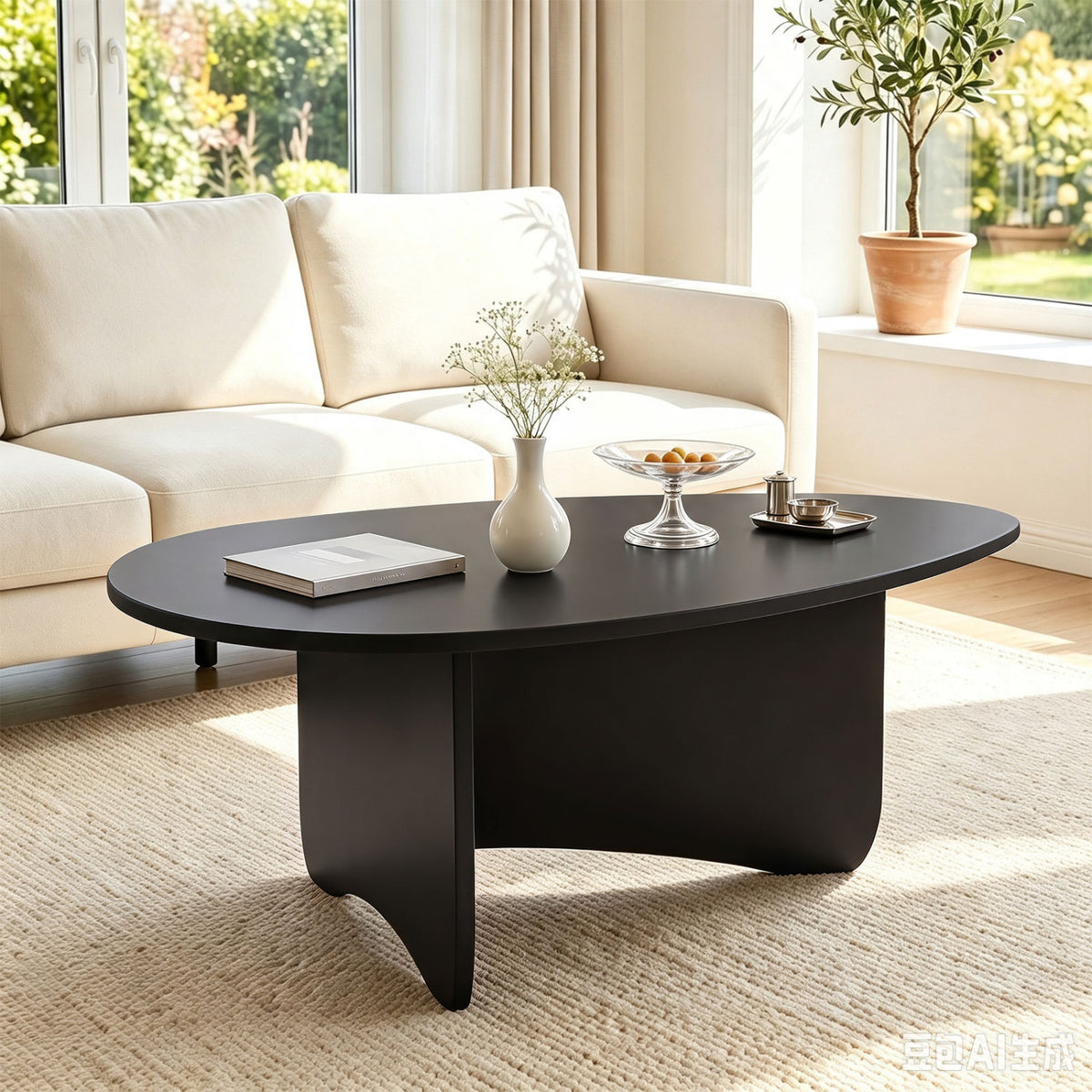 Oval Coffee Table Mid Century Modern Accent Table Low Profile Wooden Center Table