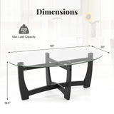 Oval Coffee Table with Tempered Glass Tabletop and Rubber Wood Legs-Black