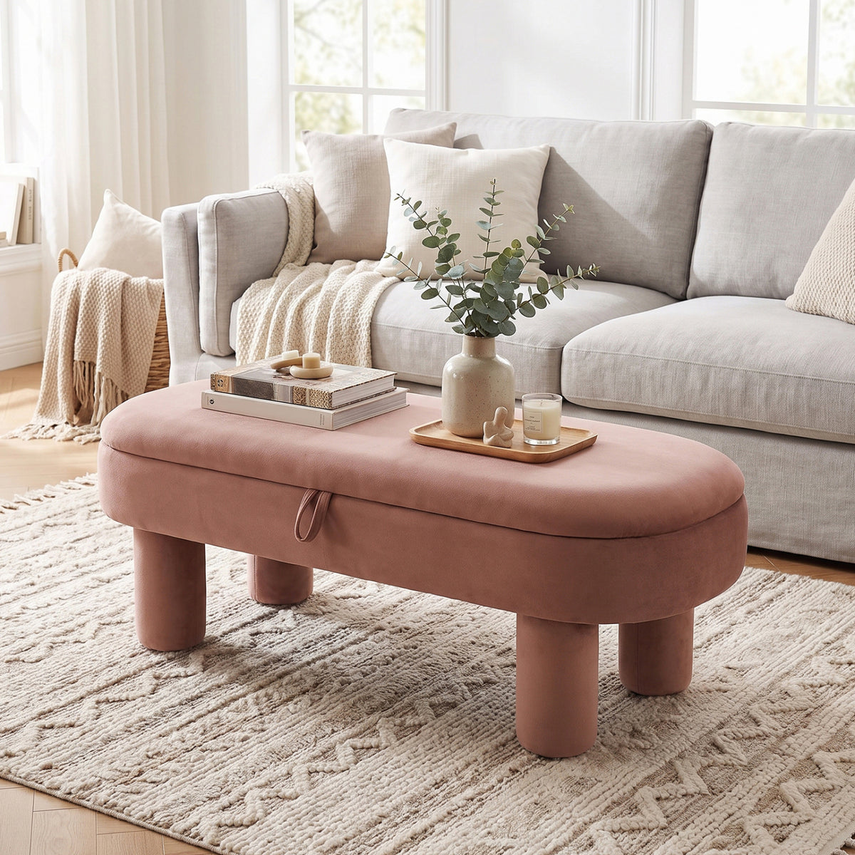 Oval Storage Ottoman Bench with Upholstered Seat for Bedroom