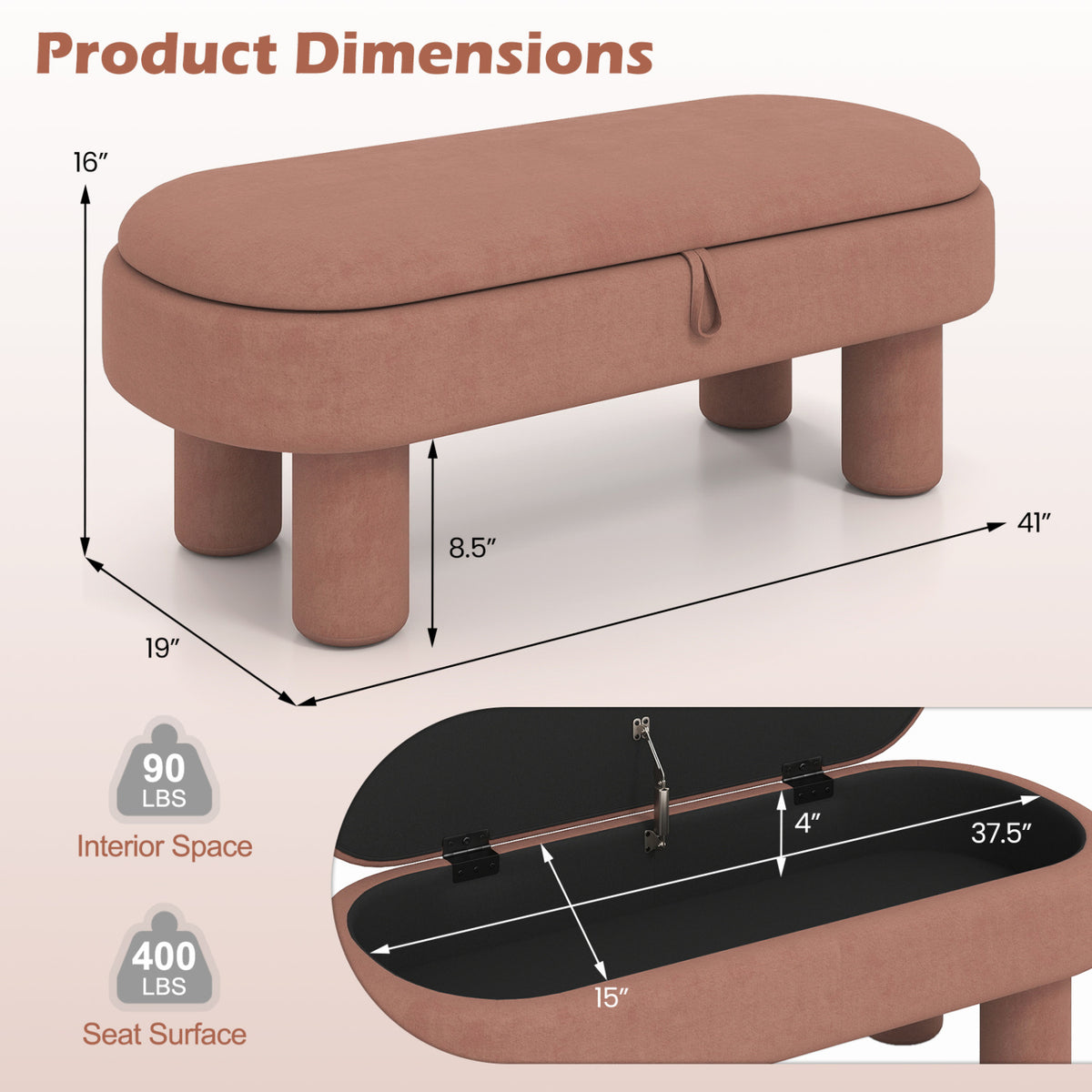 Oval Storage Ottoman Bench with Upholstered Seat for Bedroom