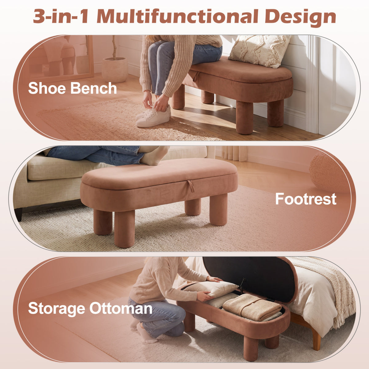 Oval Storage Ottoman Bench with Upholstered Seat for Bedroom
