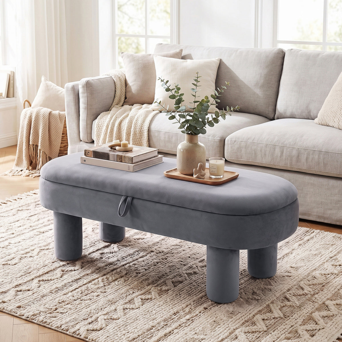 Oval Storage Ottoman Bench with Upholstered Seat for Bedroom