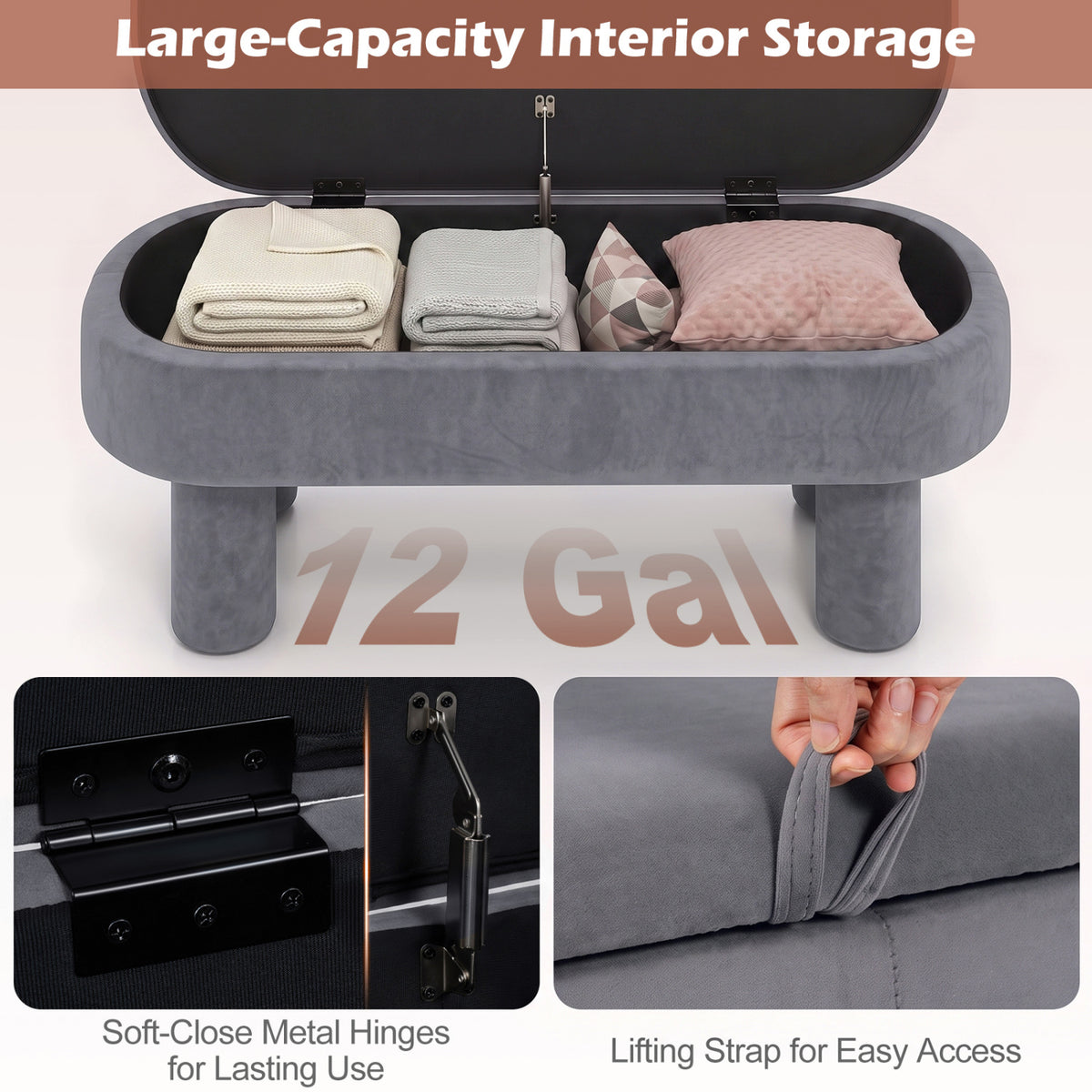 Oval Storage Ottoman Bench with Upholstered Seat for Bedroom