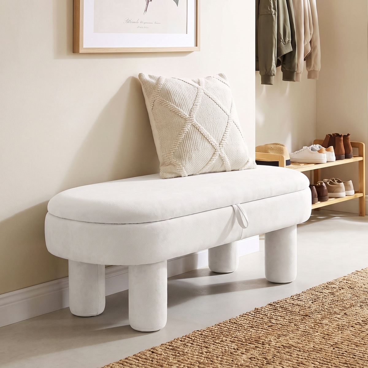 Oval Storage Ottoman Bench with Upholstered Seat for Bedroom