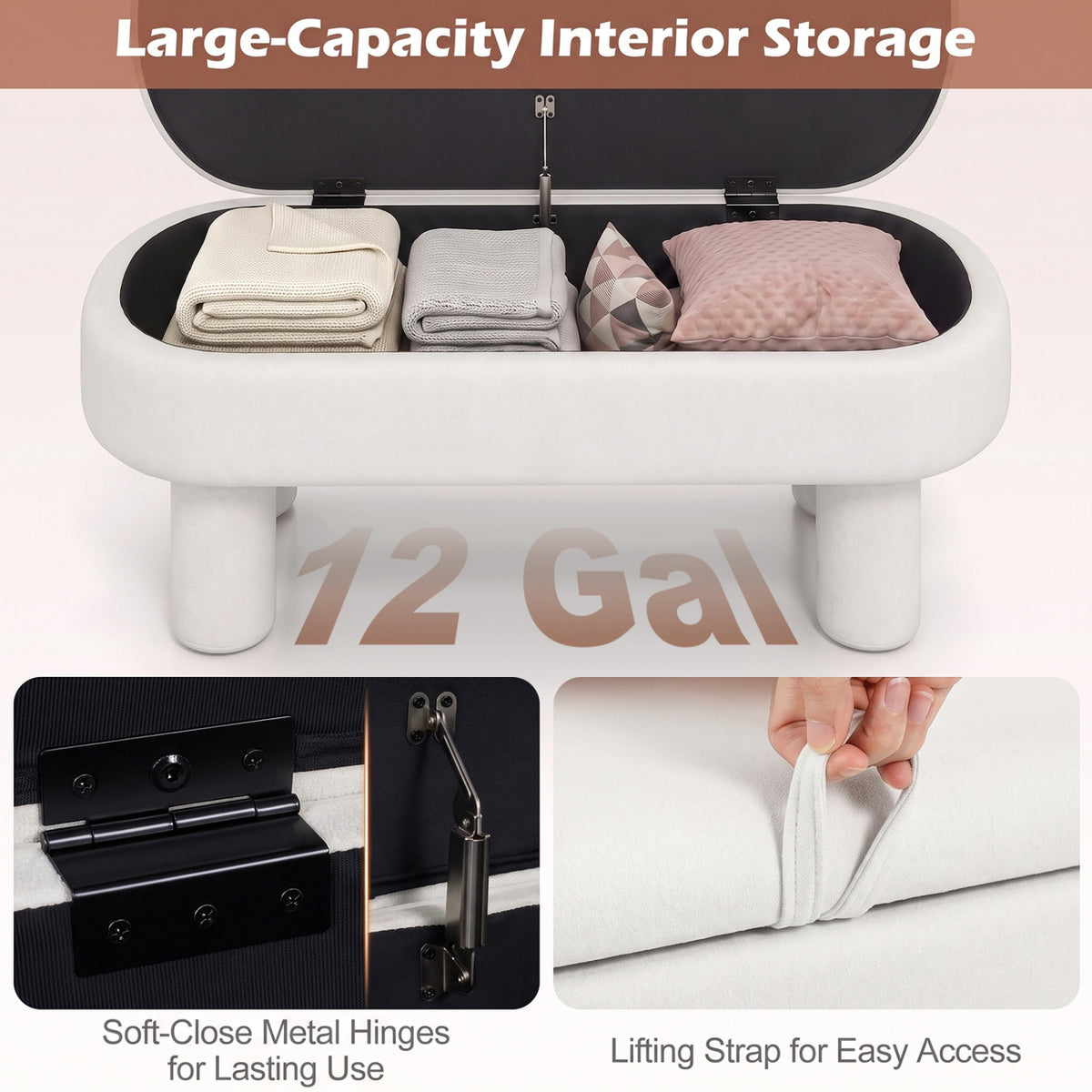 Oval Storage Ottoman Bench with Upholstered Seat for Bedroom