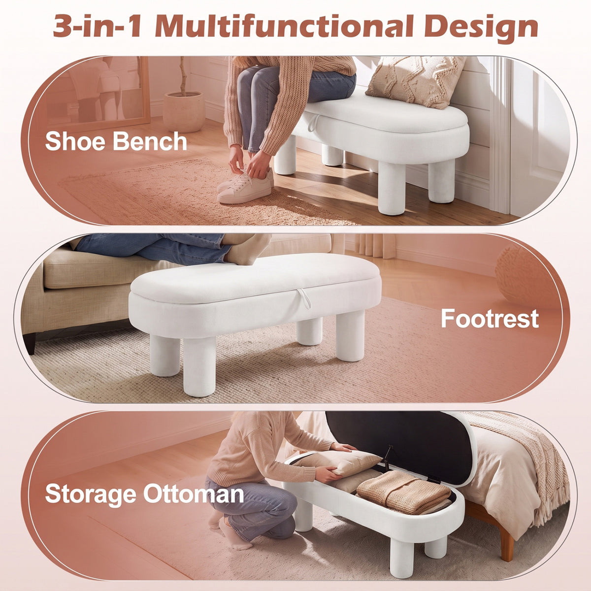 Oval Storage Ottoman Bench with Upholstered Seat for Bedroom