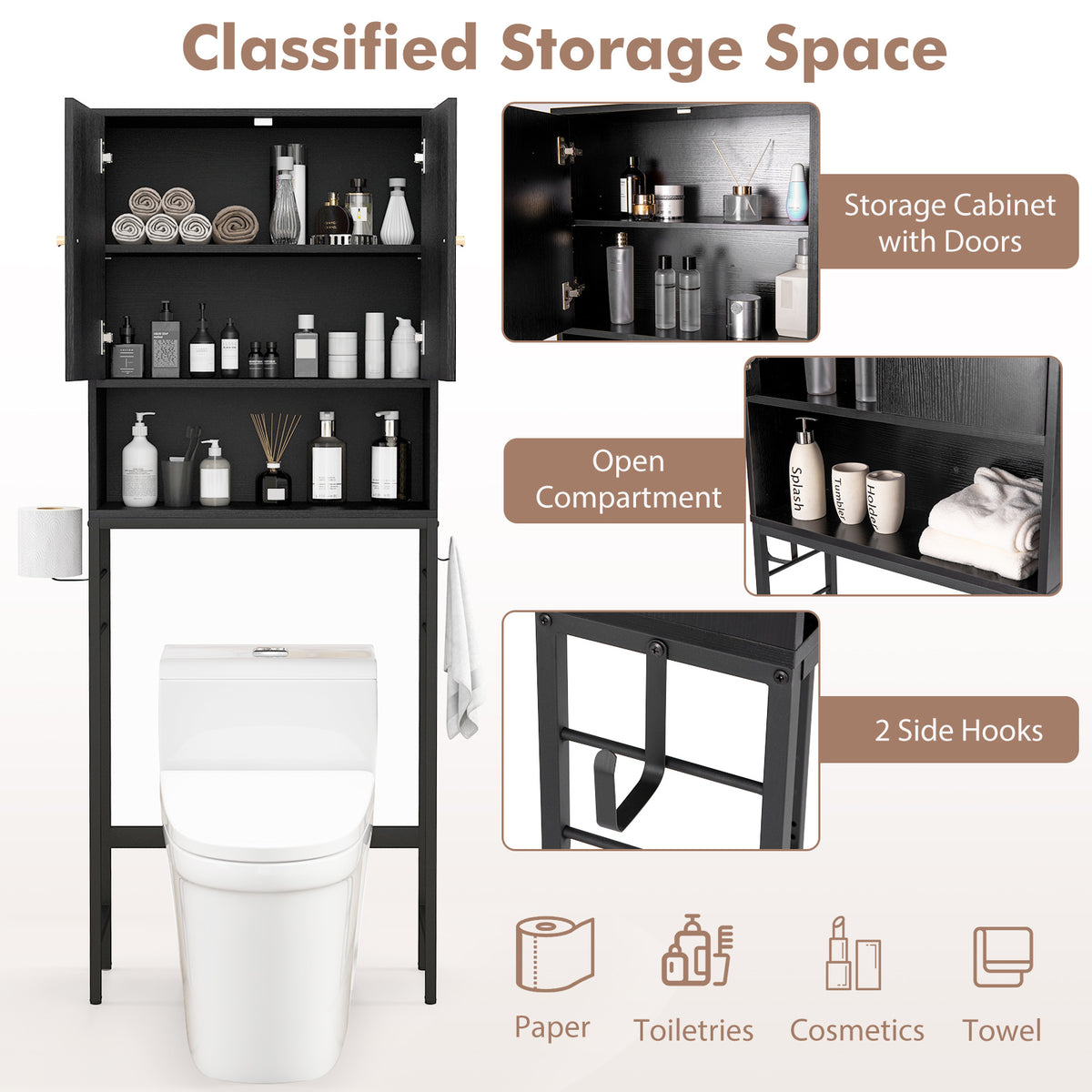 Over The Toilet Storage Cabinet with 2 Doors and Adjustable Shelf