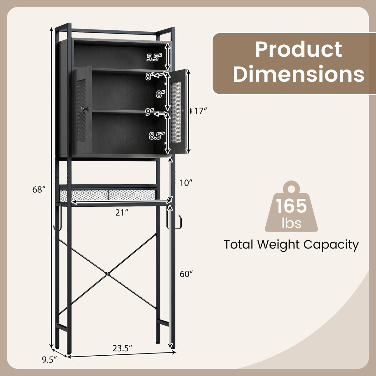 Over-The-Toilet Storage Cabinet with Heavy-Duty Metal Frame 2-door Freestanding