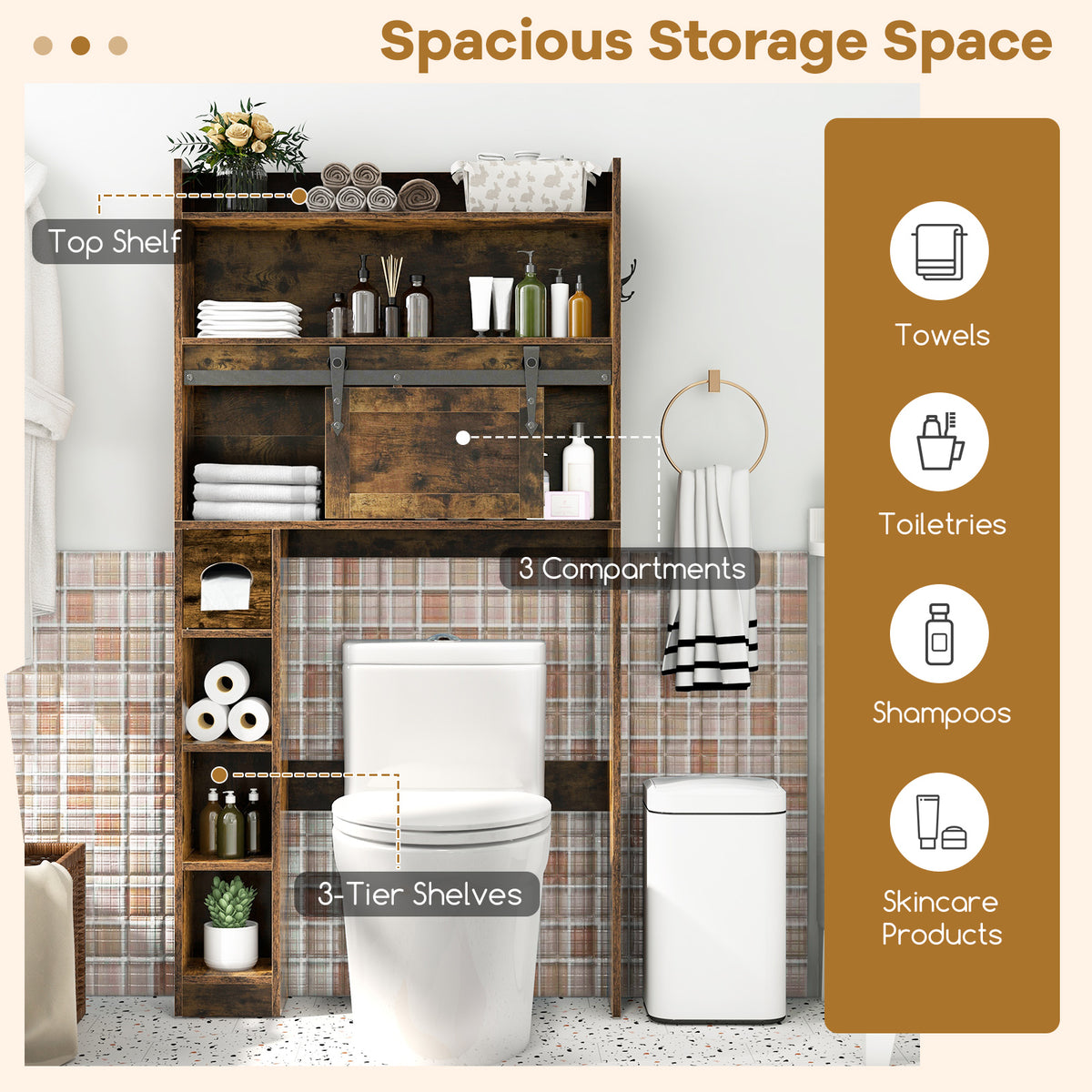 Over The Toilet Storage Cabinet with Sliding Barn Door and Adjustable Shelves