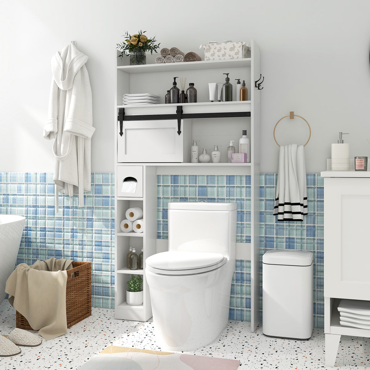 Over The Toilet Storage Cabinet with Sliding Barn Door and Adjustable Shelves