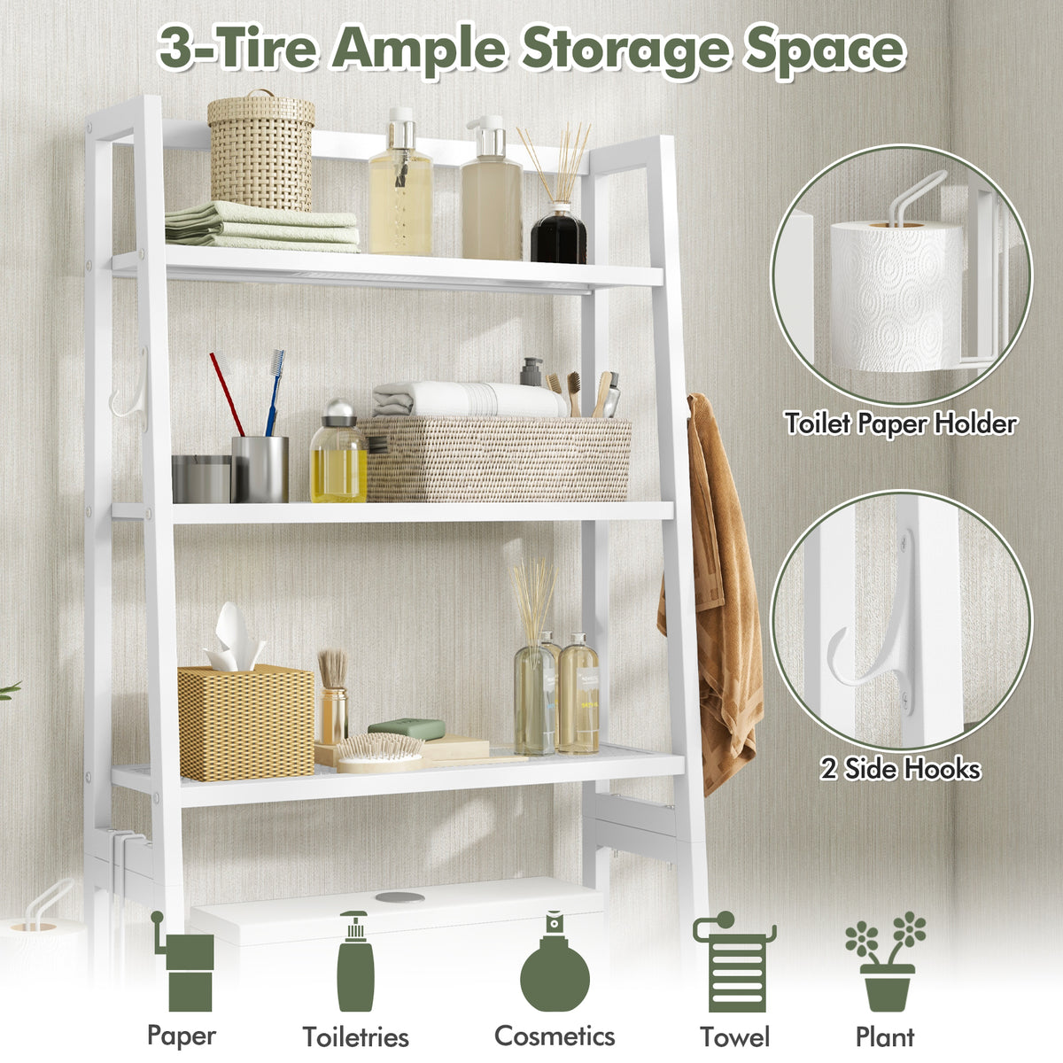 3-Tier Over The Toilet Storage Shelf with Adjustable Bottom Bar