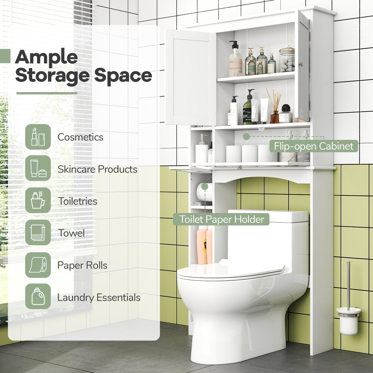 Over the Toilet Storage Cabinet with Adjustable Shelf and Bottom Bar