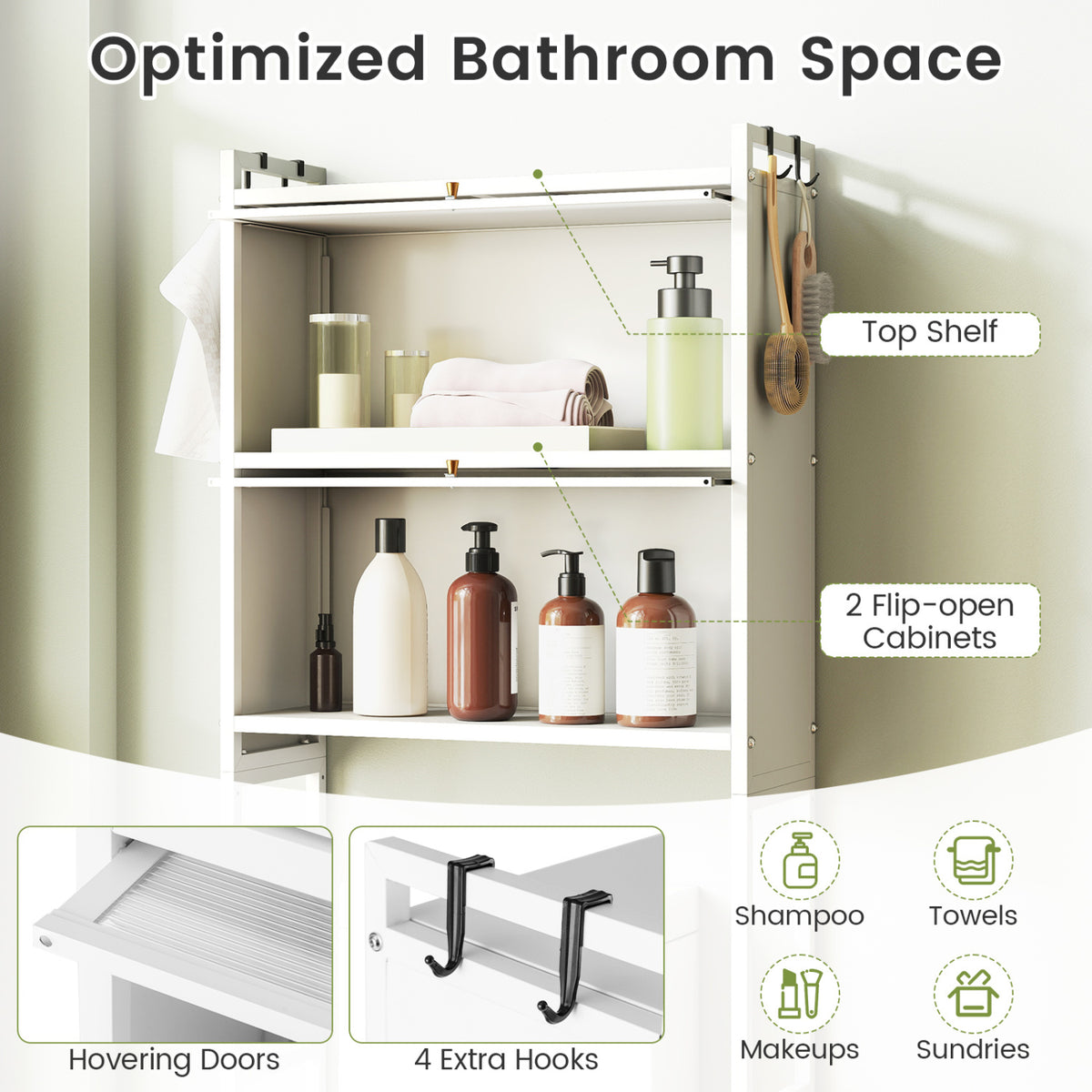 Over-the-toilet Cabinet Bathroom Organizer with 2 Flip-up Cabinets