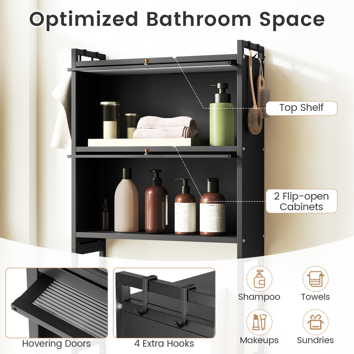 Over-the-toilet Cabinet Bathroom Organizer with 2 Flip-up Cabinets