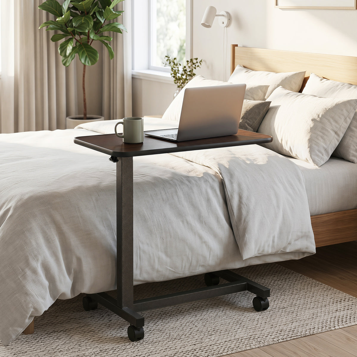 Overbed Table with Lockable Rolling Wheels and Sturdy H-Shaped Base for Hospital and Home Use-Walnut