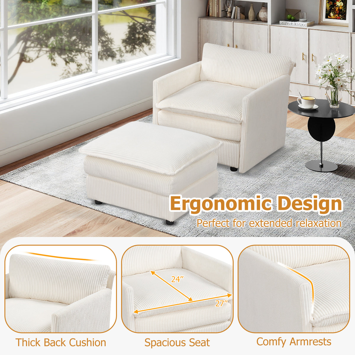 Oversized Accent Chair with Ottoman with Soft Corduroy Cushions-Beige