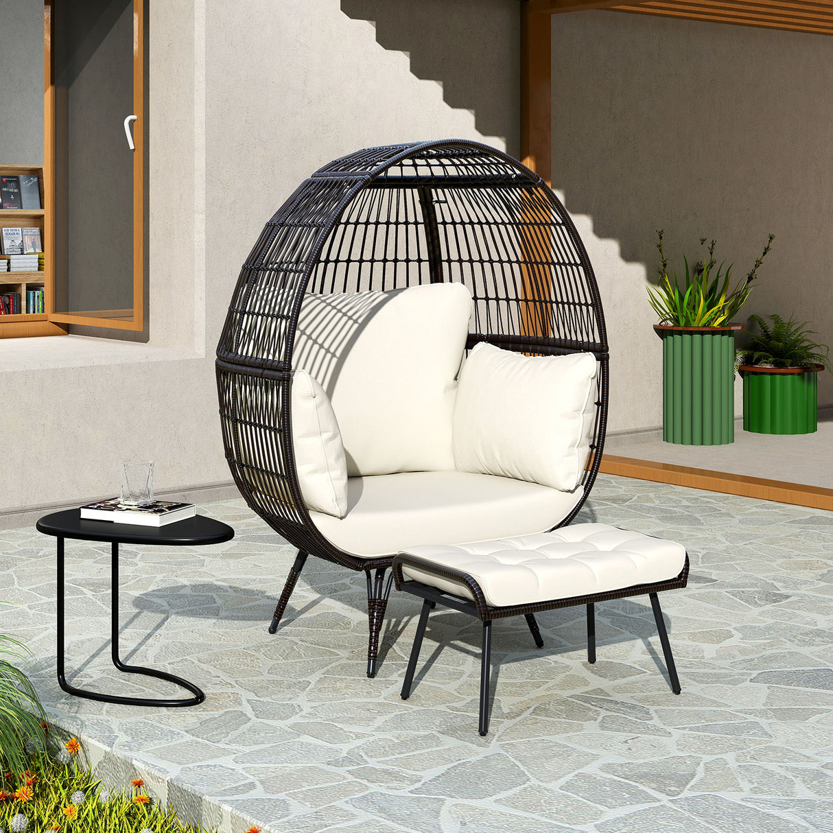Oversized Patio Rattan Egg Lounge Chair with 4 Cushions