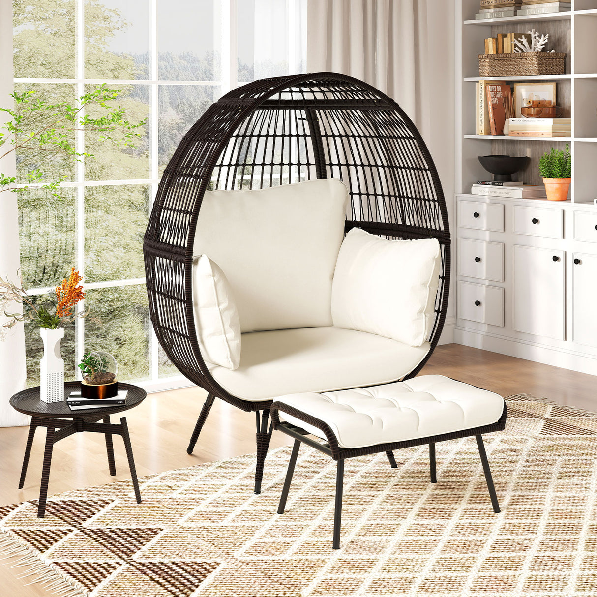 Oversized Patio Rattan Egg Lounge Chair with 4 Cushions