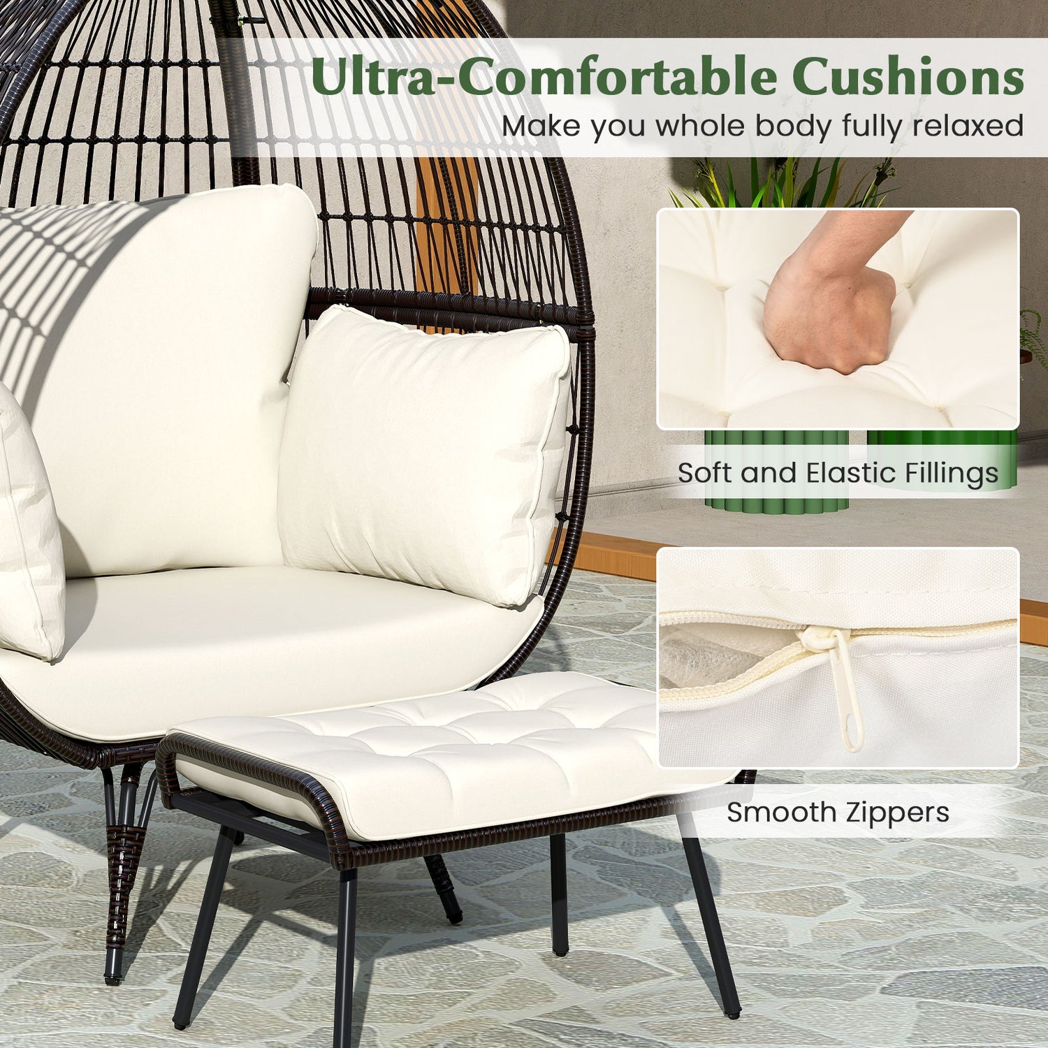 Oversized Patio Rattan Egg Lounge Chair with 4 Cushions