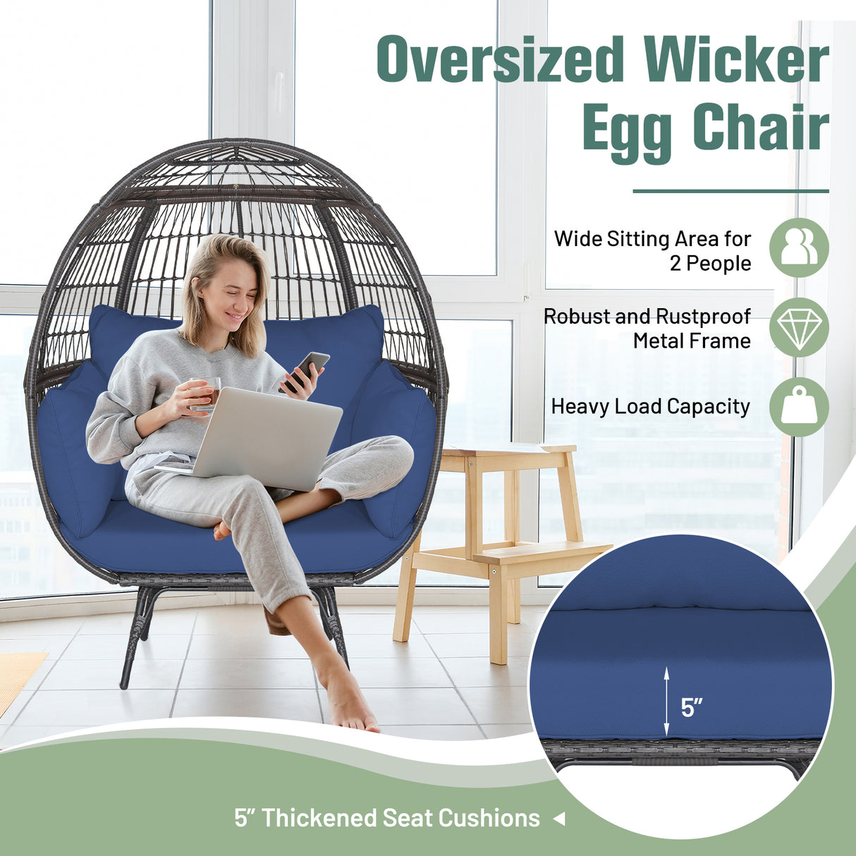 Oversized Patio Rattan Egg Lounge Chair with 4 Cushions