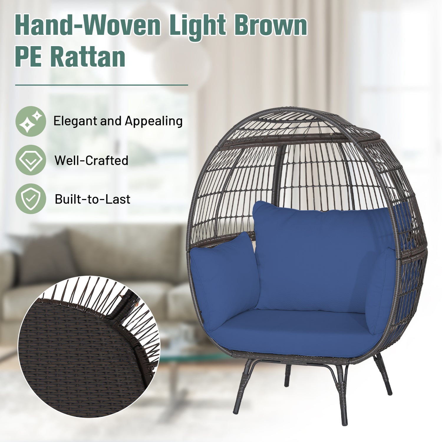 Oversized Patio Rattan Egg Lounge Chair with 4 Cushions