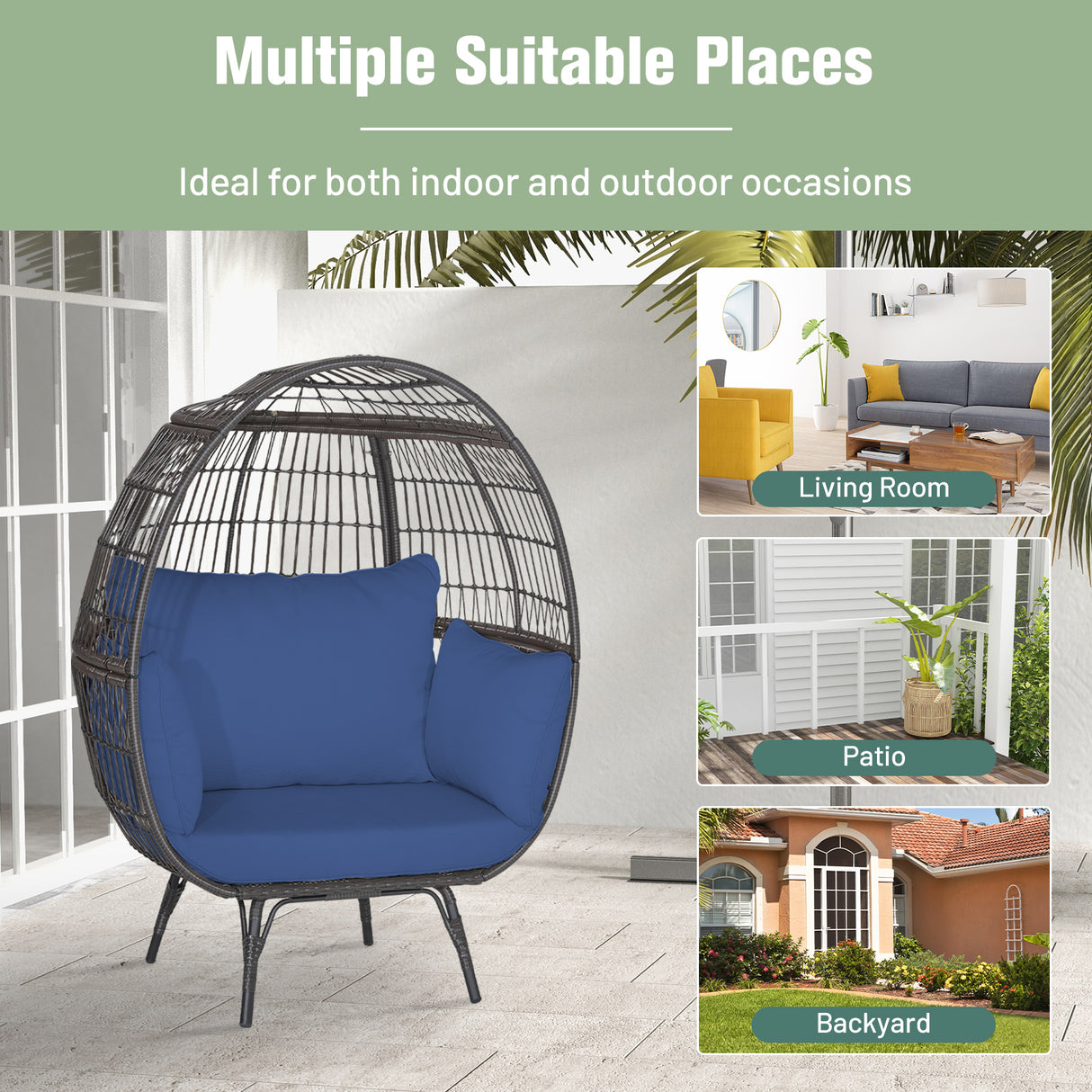 Oversized Patio Rattan Egg Lounge Chair with 4 Cushions