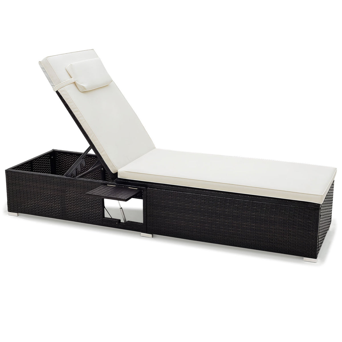 PE Rattan Chaise Lounge with Adjustable Backrest and Foldable Side Table Outdoor-White