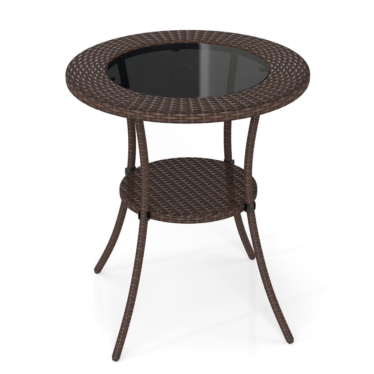 PE Wicker Patio Bistro Table Round with Tempered Glass Top and Shelf